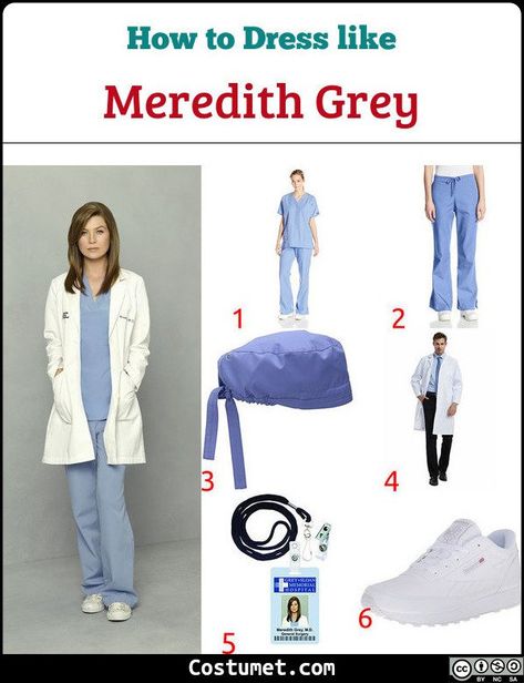 Grey’s Anatomy Meredith Grey light blue scrubs, a white doctor’s coat, white shoes, and a hospital ID. #Female #male #female #tv #doctor #GreysAnatomy Meredith Grey Halloween Costume, Greys Anatomy Costume, Meredith Grey Costume, Greys Anatomy Outfits, Greys Anatomy Halloween Costumes, Meredith Grey Outfits, Greys Anatomy Costumes, Light Blue Scrubs, Doctor Halloween Costume