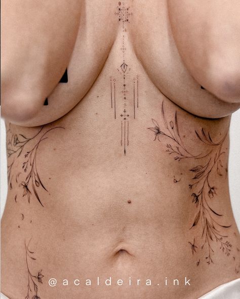 Hip Tattoos Women Fine Line, Fine Line Stomach Tattoo, Large Fine Line Tattoo, Bali Tattoo, Symmetrical Tattoo, Stomach Tattoo, Nature Tattoo Sleeve, Organic Tattoo, Torso Tattoos