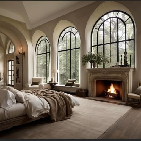 Relaxing Luxury Bathroom, Old Money Aesthetic House Bedroom, Modern Romantic Bedroom Decor, Aesthetic Fancy Bedroom, Master Bedrooms Victorian, Modern Castle House Design, Sophisticated House Exterior, House With Large Windows Exterior, Nice Houses Dream Homes Interior