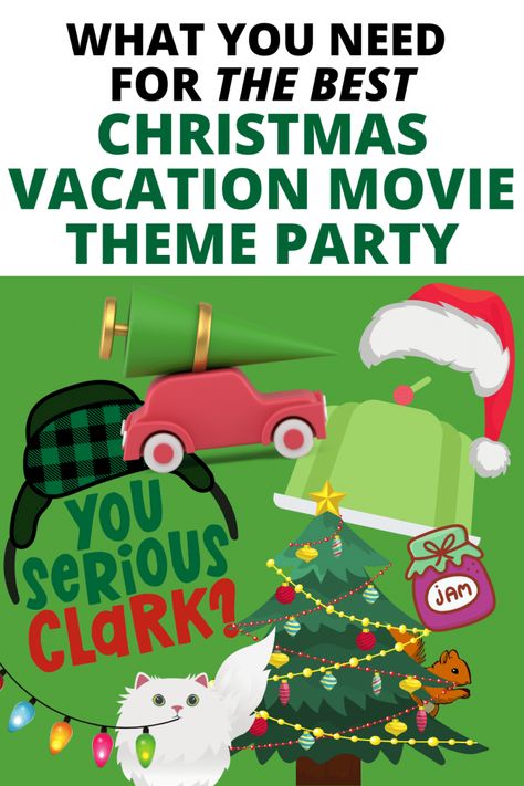 How to have a Christmas Vacation movie party, complete with Christmas Vacation party food (like Aunt Bethany's Jello recipe), Christmas Vacation party games and everything for this fun holiday theme party! #Christmasparty #Christmastheme #movieparty Griswold Christmas Party Games, Christmas Movies Theme Party, Aunt Bethany Christmas Vacation, Christmas Vacation Movie Party Ideas, Christmas Vacation Party Games, Christmas Vacation Crafts, Christmas Vacation Games, Christmas Vacation Party Ideas, Vacation Party Theme