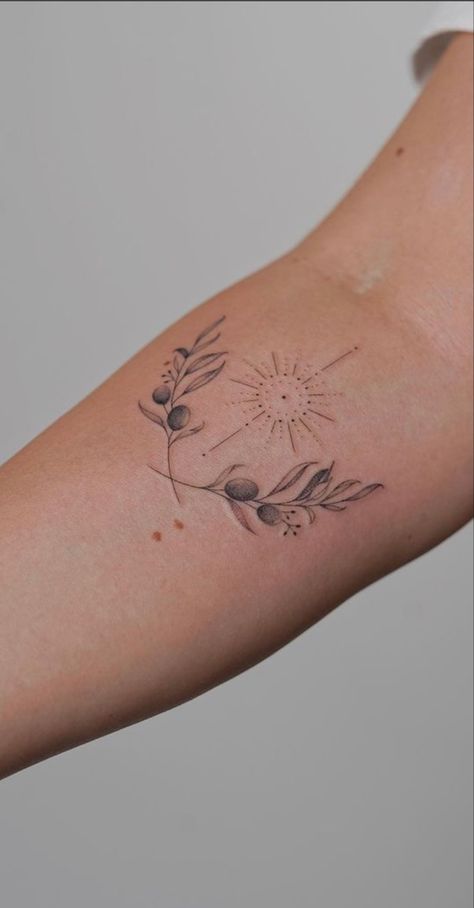 Olive Branch Laurel Tattoo, Geometric Olive Branch Tattoo, Olive Branch With Words Tattoo, Sun Vine Tattoo, Hummingbird Olive Branch Tattoo, Green Olive Branch Tattoo, Fine Line Wreath Tattoo, Olive Branch Crown Tattoo, Spearmint Tattoo