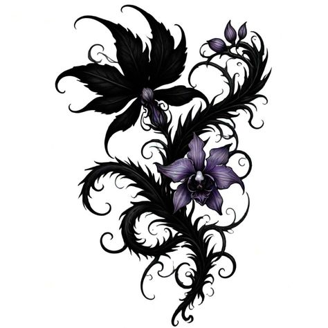 Emo Flower Tattoo, Goth Flower Drawing, Goth Rose Tattoo, Gothic Butterfly Tattoo, Spooky Flowers, Smite Game, Satanic Tattoos, Orchid Tattoo, Funky Tattoos