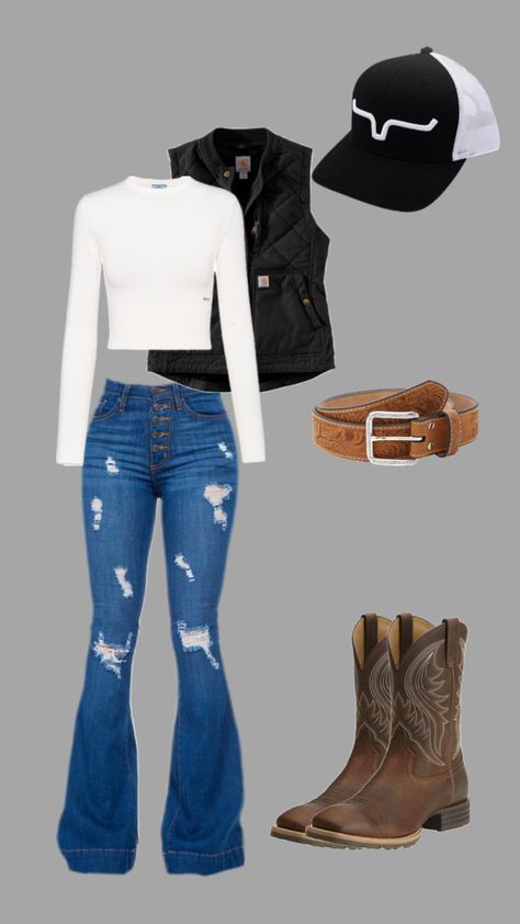 #countryvibes #countrygirl #countryaesthetic #countrymusic #countryside #country #rodeofit #western #westernaesthetic #westernfashion #westernfit #westernstyle #westernoutfit Western Outfits Women Ideas, Western Outfits With Vest, Country Girl Fall Outfits, Western Outfits Inspo Women, Basic Country Outfits, Country Girl Outfits For School, Country Style Outfits Women, Country Style Women, Bootcut Jeans Outfit Ideas