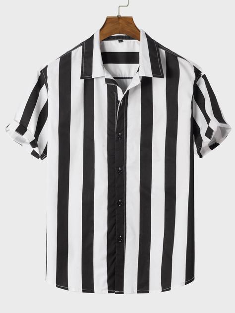 Black and White Casual  Short Sleeve Cotton Striped Shirt Embellished Non-Stretch Summer Men Tops Vertical Stripes Shirt Men, White Striped Shirt Outfit, Black Work Outfit, Vertical Striped Shirt, Black Blazer Outfit, Striped Shirt Men, Black Boots Men, Black White Outfit, Black And White T Shirts