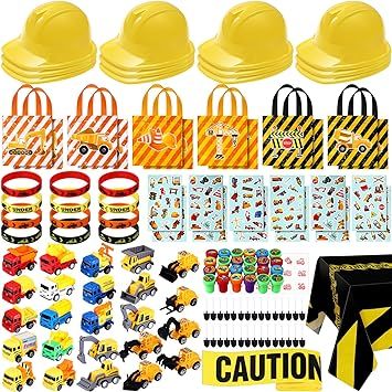 Construction Birthday Favors: our construction decorations include 50 pcs plastic mini shovels, 24 pcs cartoon construction car stamps, 24 pcs truck toys, 12 pcs construction hats, 12 pcs construction treat bags, 12 sheets of construction element stickers, 12 pcs silicone bracelets, 1 pcs plastic construction tablecloth as well as 1 roll of caution tape, let your teens enjoy a wonderful construction party with intimate classmates Construction Stickers, Construction Zone Party, Construction Themed Party, Construction Party Decorations, Construction Baby Shower, Construction Hat, Construction Theme Party, Construction Birthday Party, Construction Birthday Parties