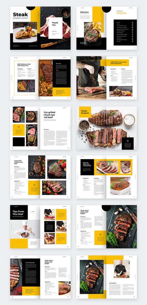 Food Editorial Design Layout, Catering Brochure Design, Food Brochure Design Ideas, Food Magazine Layout Design Creative, Food Brochure Design Creative, Recipe Design Layout, Food Magazine Layout Design, Cookbook Layout Design, Food Magazine Design