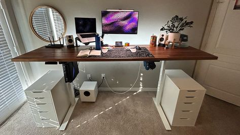 Standing Desk With Alex Drawers, Ikea Alex Standing Desk, Standing Desk Home Office Design, Standing Desk Ikea Hack, Standing Desk With Drawers, Home Office Ideas Standing Desk, Standing Desk Double Office, Ikea Sit Stand Desk Hack, Standing Desk Office Layout