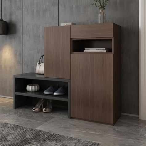 Fero Walnut Corner Shoe Storage Cabinet with 7 Shelves & 1 Drawer Entryway Shoe Storage Shoe Cabinet Small Spaces, Modern Shoe Storage Ideas, Contemporary Storage Cabinet, Modern Shoes Cabinet Design, Shoe Cabinet For Entryway, Shoes Furniture Ideas, Shoes Shelves Ideas, Shoes Drawer Storage, Shoe Racks Designs