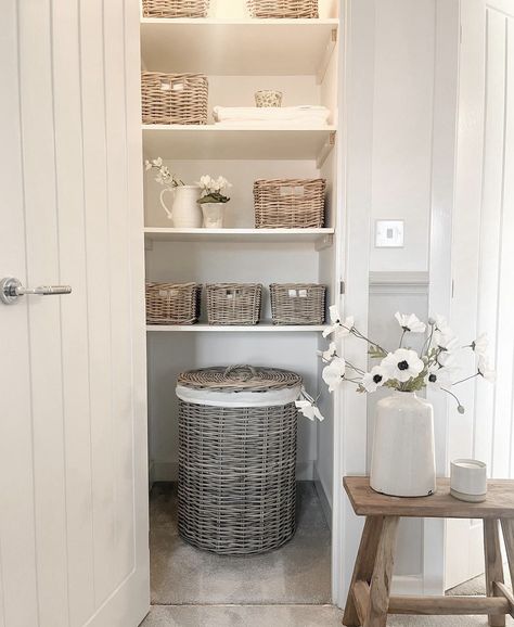 Landing Cupboard Ideas, Small Airing Cupboard Storage Ideas, Airing Cupboard Ideas Storage, Bathroom Airing Cupboard Ideas, Small Storage Cupboard Ideas, Storage Cupboard Ideas Hall Closet, Utility Shelving Ideas, Laundry Cupboard Organisation, Hall Cupboard Ideas