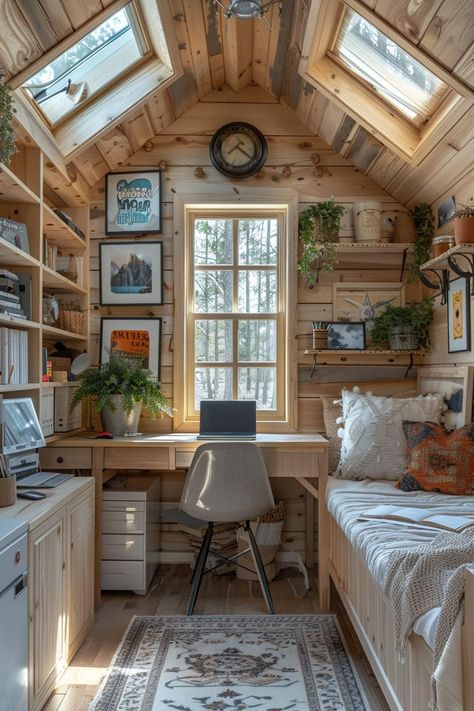 French Country She Shed Interior, Small Crafting Room Ideas, Small Shed Office Ideas, She Shed Reading Nook, Sheshed Office Ideas, She Shed Library Ideas, Tiny House With Office, She Shed Ceiling Ideas, Rustic She Shed Interior Ideas