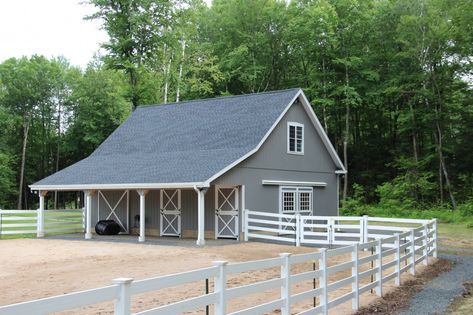 Custom Horse Barns CT, MA, RI, Stables, Riding Arenas: The Barn Yard & Great Country Garages 3 Stall Horse Barn Plans, Barn Ideas For Horses, Small Horse Barn Ideas, Small Horse Barn Ideas Layout, Pole Barn With Porch, Horse Barn Exterior, 4 Stall Horse Barn Plans, 2 Stall Horse Barn, 3 Stall Horse Barn