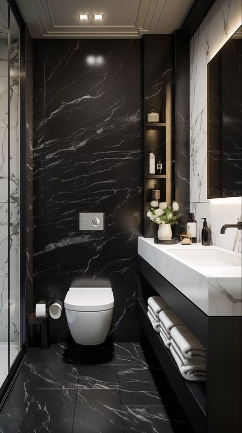 Luxury Dark Bathroom Ideas, Dark Toilet Room, Dark Marble Bathroom, Aesthetic Work Desk, Vibey Apartment, Color Trends 2024, Cabinet Trends, Small Full Bathroom, Black Shower Tray