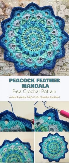 Peacock Mandala Free Crochet Patterns | Your Crochet Motif Mandala Crochet, Feather Mandala, Traditional Mandala, Peacock Mandala, Mandala Crochet, Crochet Mandala Pattern, Crochet Motif Patterns, Crochet Doily Patterns, Crochet Square Patterns