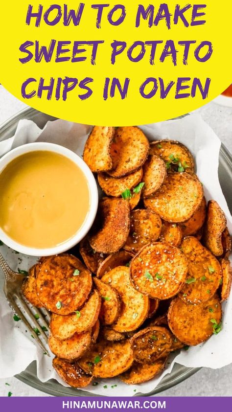 Sweet Potato Chips In Oven Potato Chips In Oven, Sweet Potato Chips Oven, Oven Potato Chips, Crispy Sweet Potato Chips, Homemade Sweet Potato Chips, Oven Baked Sweet Potato, Sweet Potato Chips Recipe, Sweet Potato Snacks, Sweet Potato Crisps