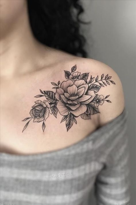 Font Tato, Front Shoulder Tattoos, Blue Rose Tattoos, Tattoos For Women Flowers, Beautiful Flower Tattoos, Mother Tattoos, Chest Tattoos For Women, Tatuaje A Color, Shoulder Tattoos For Women