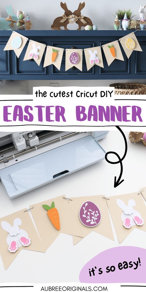 This Easter banner diy with Cricut is so simple yet adorable! This Easter banner design features bunnies, eggs, and carrots cut from cardstock. This is a cheap Easter decoration you can make and a fun spring banner idea. Perfect for a table or mantle! Cricut Banner Ideas, Easter Banners Diy, Diy Easter Banner Ideas, Easter Day Decorations, Free Easter Cricut Projects, Spring Banner Design, Easter Cricut Ideas, Easter Banner Ideas, Easter Cricut Projects