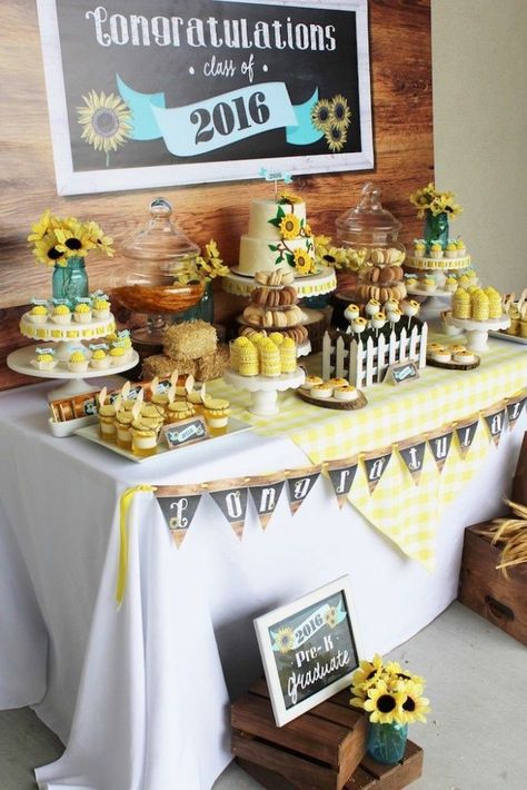 Side-view of a dessert table from a Country Fair Graduation Party via Kara's Party Ideas KarasPartyIdeas.com (11) Dessert Table Graduation, Graduation Party Desserts, Graduation Table Decorations, Graduation Desserts, Outdoor Graduation Parties, Outdoor Graduation, Senior Graduation Party, Graduation Party High, Graduation Tables