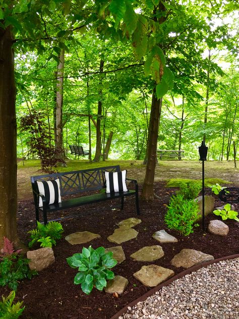 Wooded Landscaping Front Yard, Landscape Big Backyard, Outdoor Peaceful Space, Landscaping For Wooded Yard, Decorating Around A Tree Front Yards, Patio In Wooded Area, Backyard Wooded Area Ideas, Sitting Area In The Woods, Backyard With Lots Of Trees