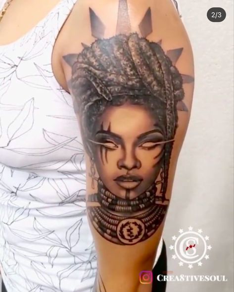 African Queen Tattoo, African Warrior Tattoos, Afro Tattoo, African Tattoo, Back Shoulder Tattoos, Queen Tattoo, Goddess Tattoo, Tattoo Cover Up Ideas, Black Girls With Tattoos