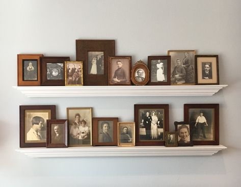 Ancestry Wall, Family Photo Gallery Wall, Photowall Ideas, Family Pictures On Wall, Vintage Family Photos, Picture Ledge Shelf, Diy Projects Plans, Futurisme Retro, Family Photo Wall