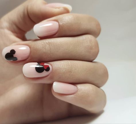 Nail Ideas Disney Simple, Disneyland Nails Acrylics Simple, Disneyland Nails French Tip, Subtle Minnie Mouse Nails, Mickey Nail Art Simple, Mickey French Nails, Short Simple Disney Nails, Easy Disney Nails Short, January Disney Nails