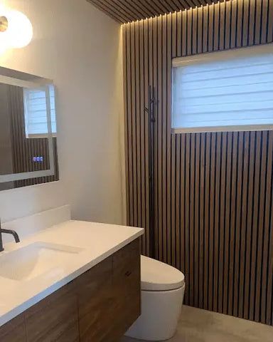 Beadboard Paneling, Reclaimed Wood Paneling, Accent Wall Ideas, Black Accent Walls, Bathroom Accent Wall, Bathroom Accents, Wood Slat Wall, Scandinavian Bathroom, Wood Accent Wall