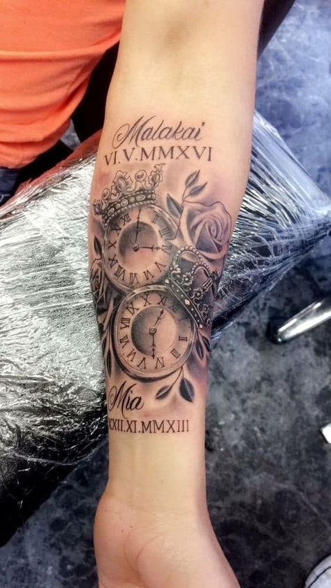 Mother Of 2 Tattoo Ideas With Names, Tattoo Ideas For 2 Daughters, Tattoo Ideas For Two Sons, Mother 2 Sons Tattoo, Mother Forearm Tattoo, 2 Pocket Watch Tattoo Design, Tattoo For 2 Sons, Family Sleeve Tattoo Ideas For Women, 2 Daughters Tattoos For Mom