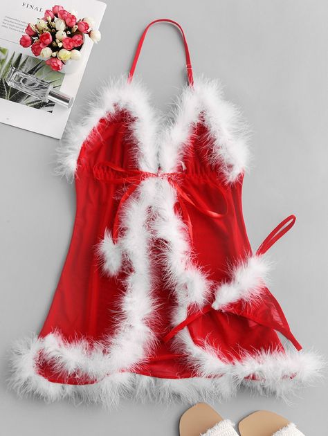 Christmas Feather Trim Lingerie Babydoll Set  RED , #AFFILIATE, #Trim, #Feather, #Christmas, #Lingerie, #RED #Ad 2022 Christmas Outfit, Holiday Party Dresses Christmas, Classy Vintage Outfits, Christmas Fashion Outfits, Outfits Juvenil, Dresses Christmas, Christmas Lingerie, Christmas Dress Women, Christmas Cocktail