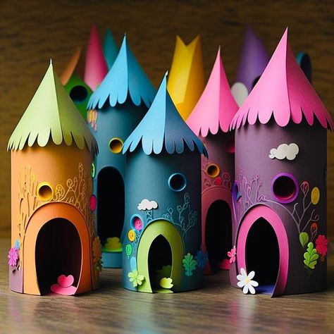 hello, Wonderful on Instagram: "The rainbow paper tube houses of my dreams 🌈🏡 would you live here? 😍 Created with #midjourney #midjourneyart . . . #recycleandplay #recycledart #recycledcrafts #kidscrafts #kidscraft #kidsart #kidscrafts101 #playandlearn #learnandplay #learningthroughplay #playbasedlearning #creativekids #cardboardcrafts #cardboardart #papertube #toiletpaperrollcrafts" Paper Tube Fairy Houses, Toilet Paper Roll Castle, Toilet Paper Roll Fairy House, Hello Wonderful, Easy Art For Kids, Fairy House Diy, Kids Art Class, Fun Arts And Crafts, Rainbow Paper