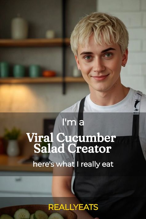 Smiling person in a kitchen wearing a black apron with text overlay about being a viral cucumber salad creator. Cucumber Salad Recipe Logan, Logan Moffitt Cucumber, Logan’s Viral Cucumber Salad Recipe, Tiktok Cucumber Recipes, Viral Cucumber Salad With Peanut Butter, Cucumber Noodle Recipes, Cucumber Salad Recipes Tiktok, Logans Cucumbers, Whole Cucumber Recipes Tik Tok