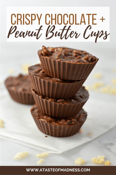 Crispy Chocolate and Peanut Butter Cups | A Taste of Madness Peanut Butter Crispy Cups, Chocolate Peanut Butter Oatmeal Cups, Crispy Peanut Butter Cookies Recipes, Chocolate Peanut Butter Crunch Cups, Chocolate Peanut Butter Rice Crispy Cups, Chocolate Crispy Treats, Health Dessert Recipes, Peanut Butter Cups Recipe, Fudge Ingredients