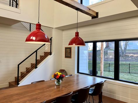 Barn Pendants & Wall Sconces Add Farmhouse Charm | Inspiration | Barn Light Electric Simple Light Fixtures, Red Pendant Light, Lights Over Kitchen Island, Barn Light Electric, Red Pendant, Farmhouse Look, Classic Farmhouse, Barn Light, Bowl Pendant