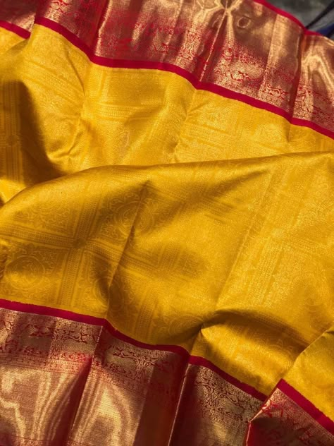 Yellow Saree For Marriage, Yellow Pattu Saree Wedding, Kanchipuram Yellow Silk Saree Wedding, Yellow Pattu Saree, Red Silk Pre-draped Saree With Embroidered Border, Elegant Red Katan Silk Pre-draped Saree, Red Embroidered Fabric With Art Silk Border, Pattu Sarees Wedding, Gold Blouse Designs