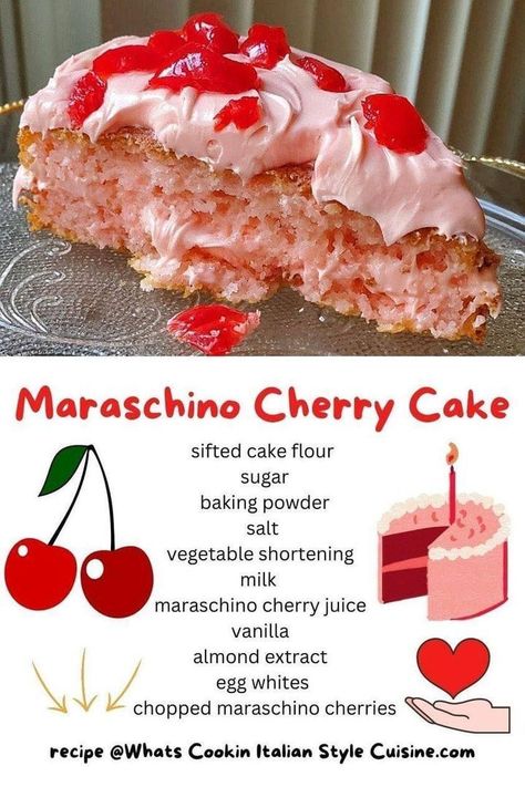 Shugary Sweets - I love to make this moist Maraschino... | Facebook Maraschino Cherry Cake, Maraschino Cherries Recipes, Cooked Frosting, Cherry Frosting, Cherry Cake Recipe, Shugary Sweets, Cake Mug, Cake Recipes From Scratch, Cherry Cake