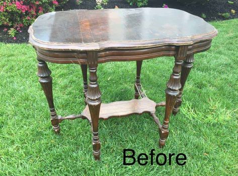 Victorian antique parlor table makeover with damaged wood grain. Save ugly wood grain with a two-tone stain on your next painted furniture project | antique table | parlor table | antique parlor table | old tables | antique wood table | Victorian parlor table | Two Tone Furniture, Old Tables, Apartment Painting, Parlor Table, Victorian Parlor, Victorian Table, Wooden Dresser, Table Makeover, Antique Wood