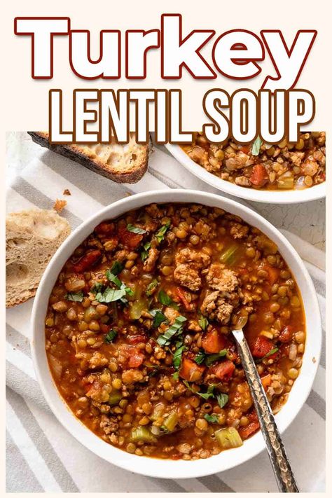 Turkey Lentil Soup, Turkey Lentil, Turkey Soup Recipes, Ground Turkey Soup, Turkey Soup Recipe, Soup Ideas, Crockpot Turkey, Dried Lentils, Pantry Ingredients