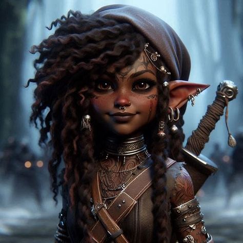 a portrait of a dark skinned female gnome in the s - Image Creator in Bing Fey Wanderer, Dnd Gnome, Gnome Female, Gnome Dnd, Female Gnome, Character Profiles, Character Art, The Creator, Hair