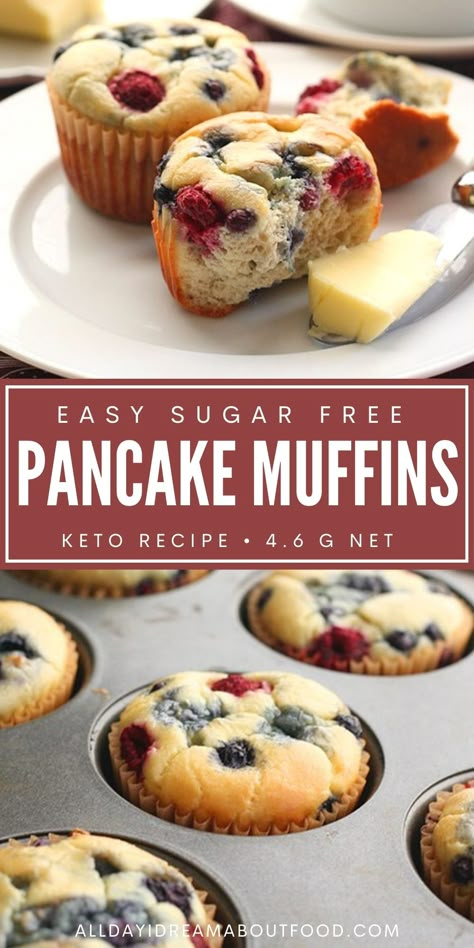 Pinterest collage for easy sugar free pancake muffins. Carb Free Muffins, Breakfast Keto Muffins, Easy Keto Breakfast Muffins, Pancake Muffins Healthy, Sweet Keto Breakfast Easy, Keto Grab And Go Breakfast, Keto Pancake Muffins, Keto Breakfast Sweet, Keto Pancake Bites