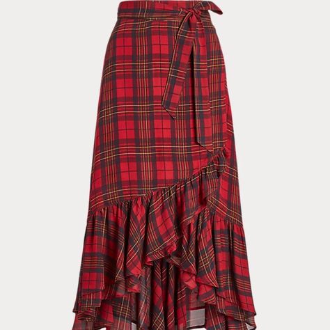 Mid-Rise. Wrap Silhouette. Lowest Point Intended To Hit Below The Ankle. Self-Ties Secure At The Left Waist. Two Ruffled Tiers Along The High-Low Hem. Lined At The Body To The Ruffled Tiers. Shell: Viscose. Lining: Polyester. Dry Clean. Georgette Skirt, Ralph Lauren Plaid, Tartan Skirt, Womens Maxi Skirts, Plaid Skirt, High Low Hem, Wrap Skirt, Skirt Length, Women Brands