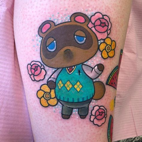 Tom Nook Tattoo, Money Bag Tattoo Behind Ear, Animal Crossing Tattoos, Animal Crossing Tattoo, Rosie Animal Crossing, Money Bag Tattoo, Animal Crossing Cats, Animal Crossing Tom Nook, Animal Crossing Leaf