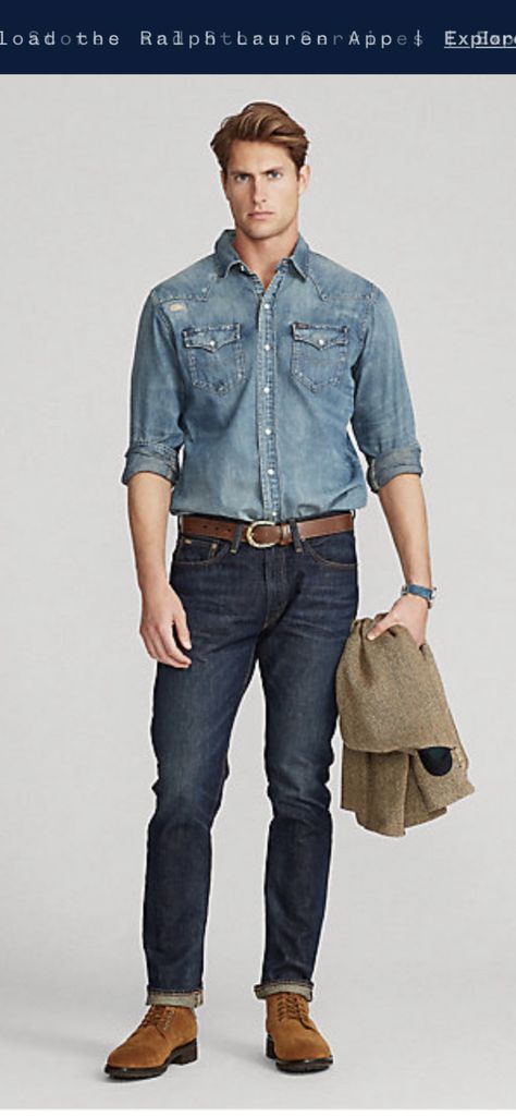 Big Guy Style, Denim Outfit Men, Double Denim, Faded Denim, Ralph Lauren Outfits, Men Fashion Casual Outfits, Slim Straight Jeans, Best Jeans, Denim Outfit