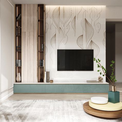 Tv Unit With Pooja Unit, Lcd Wall Design, Living Room Lighting Design, Feature Wall Design, Living Room Wall Units, Minimalist Living Room Decor, Tv Unit Interior Design, Living Tv, Pop False Ceiling Design