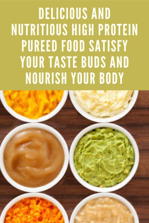 Unlock Your Health with Easy High Protein Pureed Food Recipes" written in bold, featuring a variety of colorful pureed foods in bowls, including options like sweet potato, peas, and chicken, garnished with herbs and displayed on a wooden table. High Protein Pureed Food Bariatric Eating, High Protein Purée, Blended Recipes Food, Pureed Foods For Bariatric Patients, Soft Pureed Foods, Gastric Bypass Sleeve Liquid Diet Ideas, Puree Vegetables Recipes, High Protein Soft Food Recipes, Pureed Food Recipes For Dysphagia