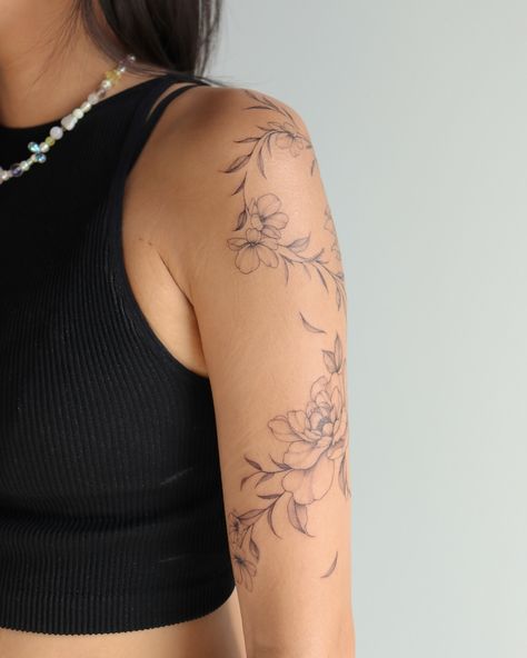 BOTANICAL FLOW 🌿 peony, lotus, and cherry blossoms Cherry Blossom Shoulder Tattoo, Peach Blossom Tattoo, Cherry Blossom Tattoo Shoulder, Flow Tattoo, San Francisco Tattoo, Horse Tattoo Design, Small Girly Tattoos, Peony Tattoo, Pisces Tattoos