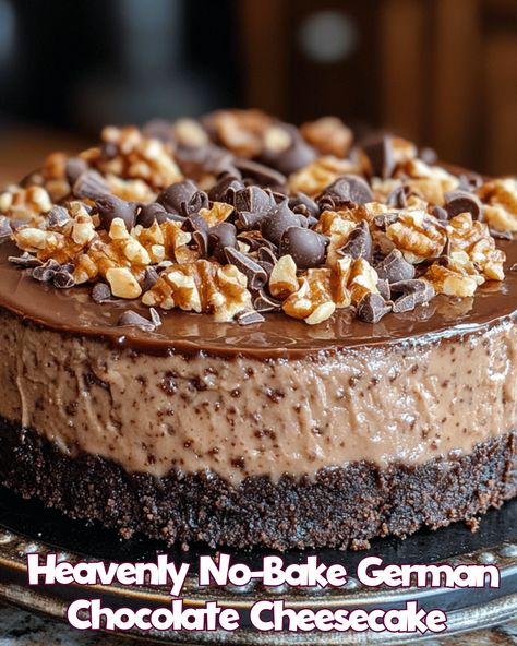 Heavenly No-Bake German Chocolate Cheesecake   Enjoy ❤️ Full recipe 👇 💬 German Chocolate Cheesecake Recipe, Chocolate No Bake Cheesecake, German Chocolate Cheesecake, Chocolate No Bake, Cheesecake Easy, Chocolate Cheesecake Recipes, Bake Cheesecake, German Chocolate, No Bake Cheesecake