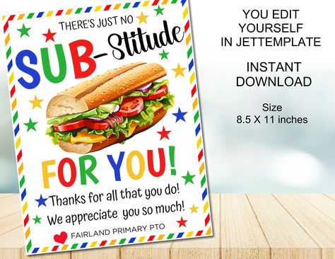 Editable Sub Sandwich Sign, There is no Sub-stitute for you Teacher Staff School Pto Pta Appreciation Week Thank you, INSTANT DOWNLOAD by LusMiadesigns on Etsy Sandwich Printable, Teacher Appreciation Party, Employee Appreciation Week, Sandwich Party, Stuco Ideas, Sandwich Sign, Bar Quotes, Sub Sandwich, Staff Appreciation Week