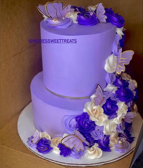 2 Tier Cake with rosettes and butterflies Purple Birthday Cake Two Tier, Purple Birthday Cake For Girls Kids, Two Tier Cake Birthday Girls, Purple Tiered Cake, Purple Two Tier Cake, Purple 2 Tier Cake, 18th Birthday Cake 2 Tier, Two Tier Butterfly Cake, Purple Butterfly Cake Birthdays