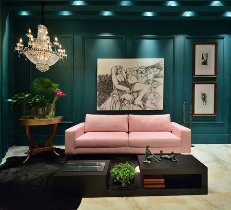 These deep dark green walls look moody against the trend for pale pink sofa in this stunning interior Dark Green Living Room, Dark Green Walls, Pink Living Room, Green Walls, Living Room Green, Christopher Knight, Green Interiors, Bedroom Flooring, Morning Glory