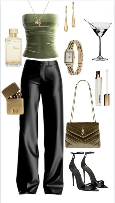 Baddie outfit, leather pants, green top with a green bag Green Leather Top Outfit, Martini Party Outfit, Date Night Pants Outfit, Night Put Outfit, Green Date Night Outfit, Green Baddie Outfits, Green Going Out Outfits, Green Leather Pants Outfit, Green Birthday Outfit