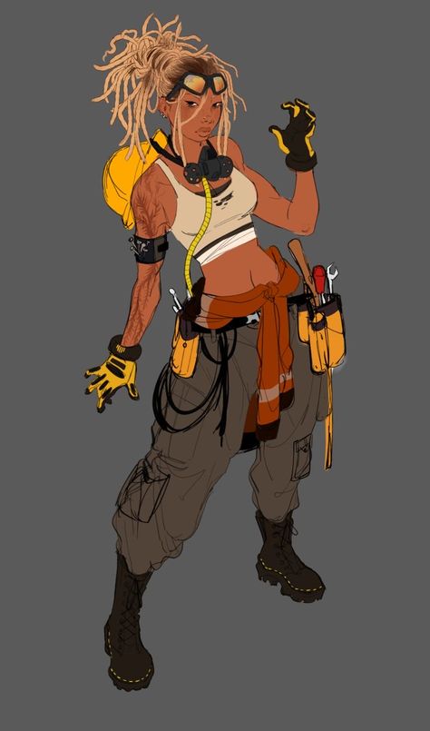 Cyberpunk Engineer Character, Welder Character Design, Cyberpunk Fantasy Outfit, Cyberpunk Outfits Drawing, How To Do Character Design, Mechanic Outfit Character Design, Futuristic Character Design Cyberpunk, Cyberpunk Character Designs, Cyberpunk Character Ideas